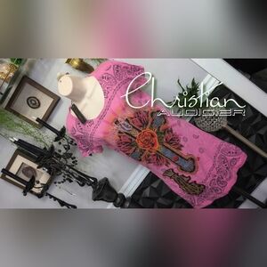 Christian Audigier Velour Logo Pink Rose & Cross Rhinestone Top/Dress XL NWT